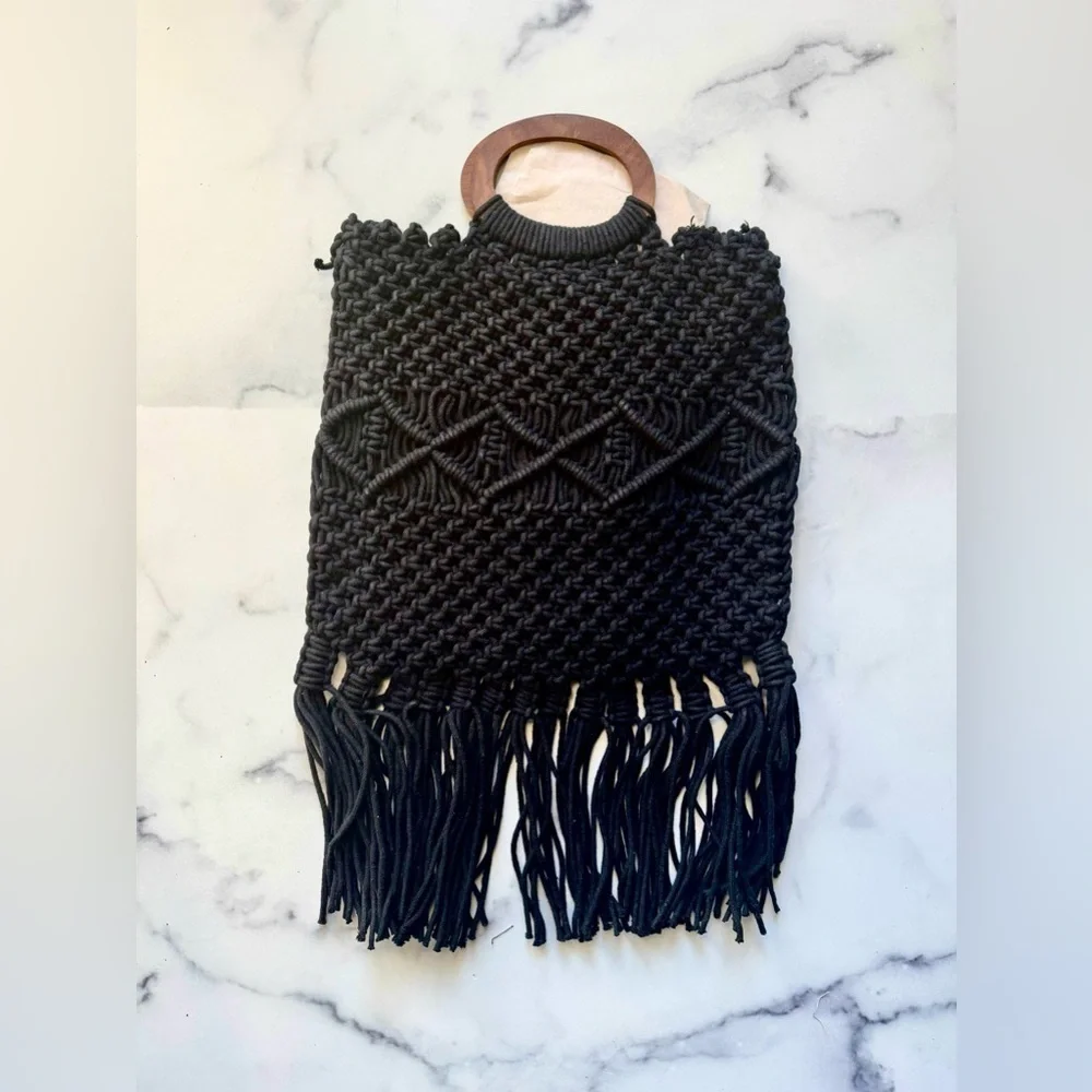 NEW WITH TAGS Danielle Nicole Black Macramé Fringe Vacation Handbag